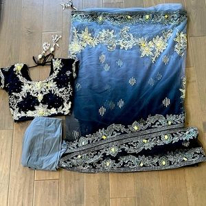 Ombré grey black saree with silver work